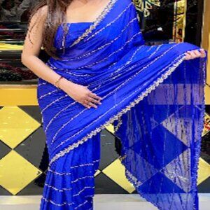 Dark Blue Pure Crape Sequin Saree